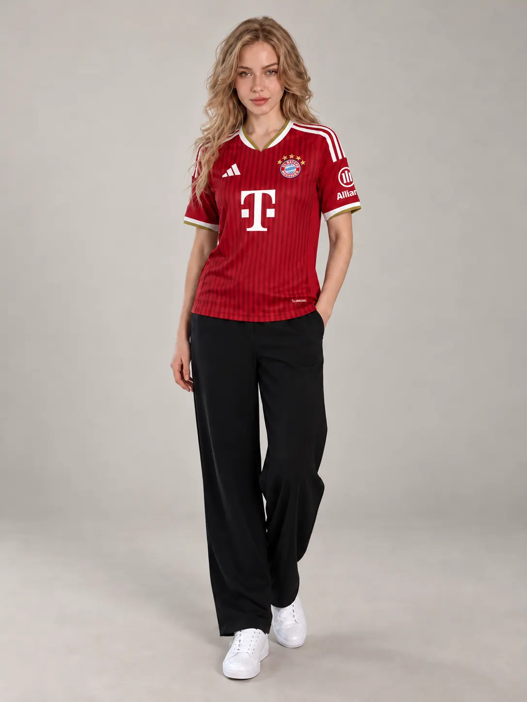 Bayern red jersey styled with black trousers — AI-generated model visual